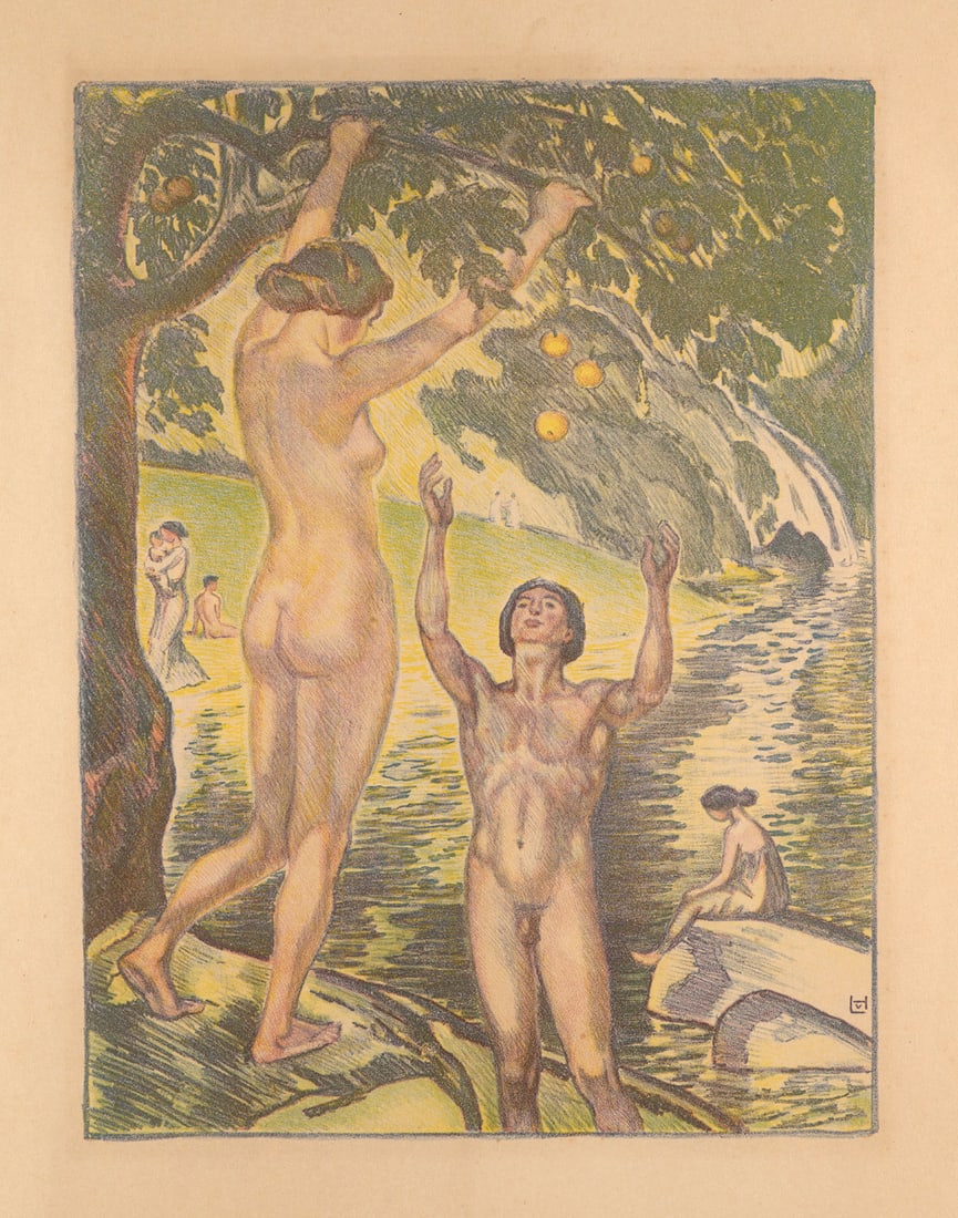 Ludwig von Hofmann Reife Früchte. 1916. Farblithographie auf Velin. 41,5 x 31 cm (54,6 x 44: JahrhundertwendeLudwig von HofmannReife Früchte. 1916. Farblithographie auf Velin. 41,5 x 31 cm (54,6 x 44 cm). Im Stein monogrammiert. Im ehemaligen Passepartoutausschnitt leicht lichtrandig, un