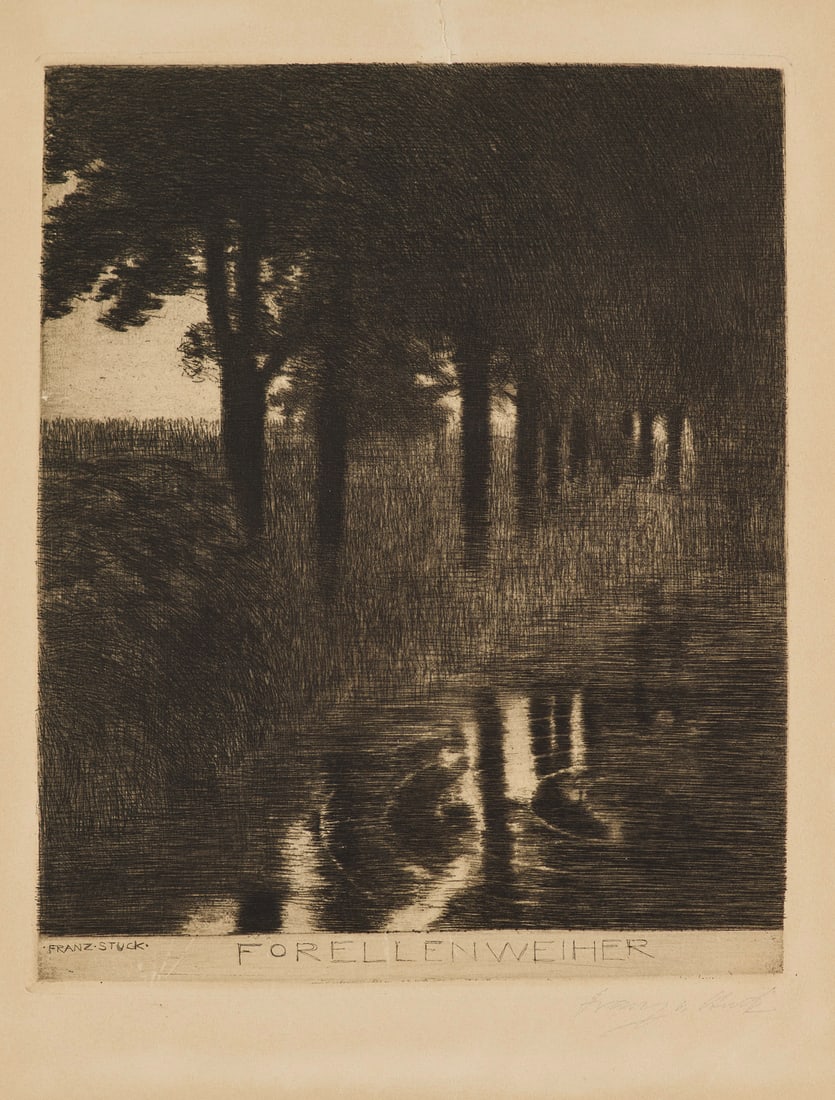 Franz von Stuck Forellenweiher. Um 1890. Kaltnadelradierung auf Velin. 27 x 22 cm (35,8 cm x 26,8: JahrhundertwendeFranz von StuckForellenweiher. Um 1890. Kaltnadelradierung auf Velin. 27 x 22 cm (35,8 cm x 26,8 cm). Signiert, zusätzlich in der Platte signiert und betitelt. - Mit Anbräunu