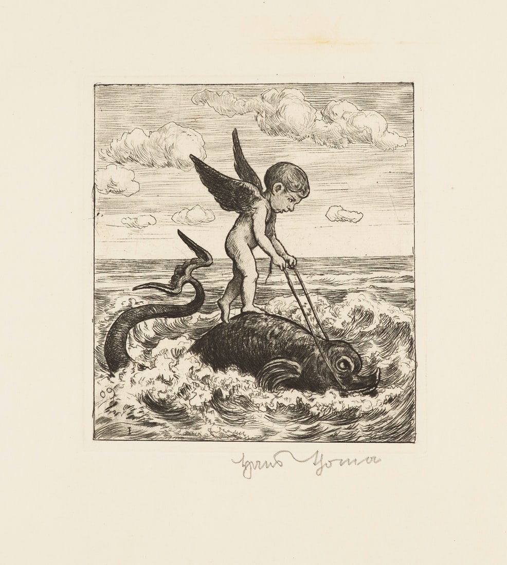 Hans Thoma Amor auf Delphin (Lebensfahrt I). (1908). Radierung auf Velin. 14,4 x 13 cm (42 x 32,2 (1 of 1)