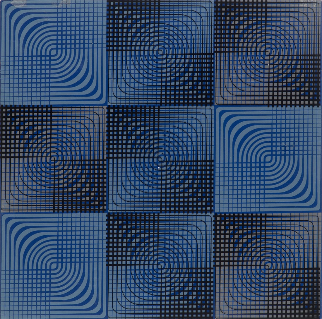 H. W Kapitzki o.T. (Kinetisches Raster in Blau). 1969. 2-teilige Arbeit, Farbserigraphie auf Velin: Kinetische KunstH. W Kapitzkio.T. (Kinetisches Raster in Blau). 1969. 2-teilige Arbeit, Farbserigraphie auf Velin mit transparenter Overlay-Folie. Je 30 x 30 cm. Nummeriert. Verso mit Angaben zum K