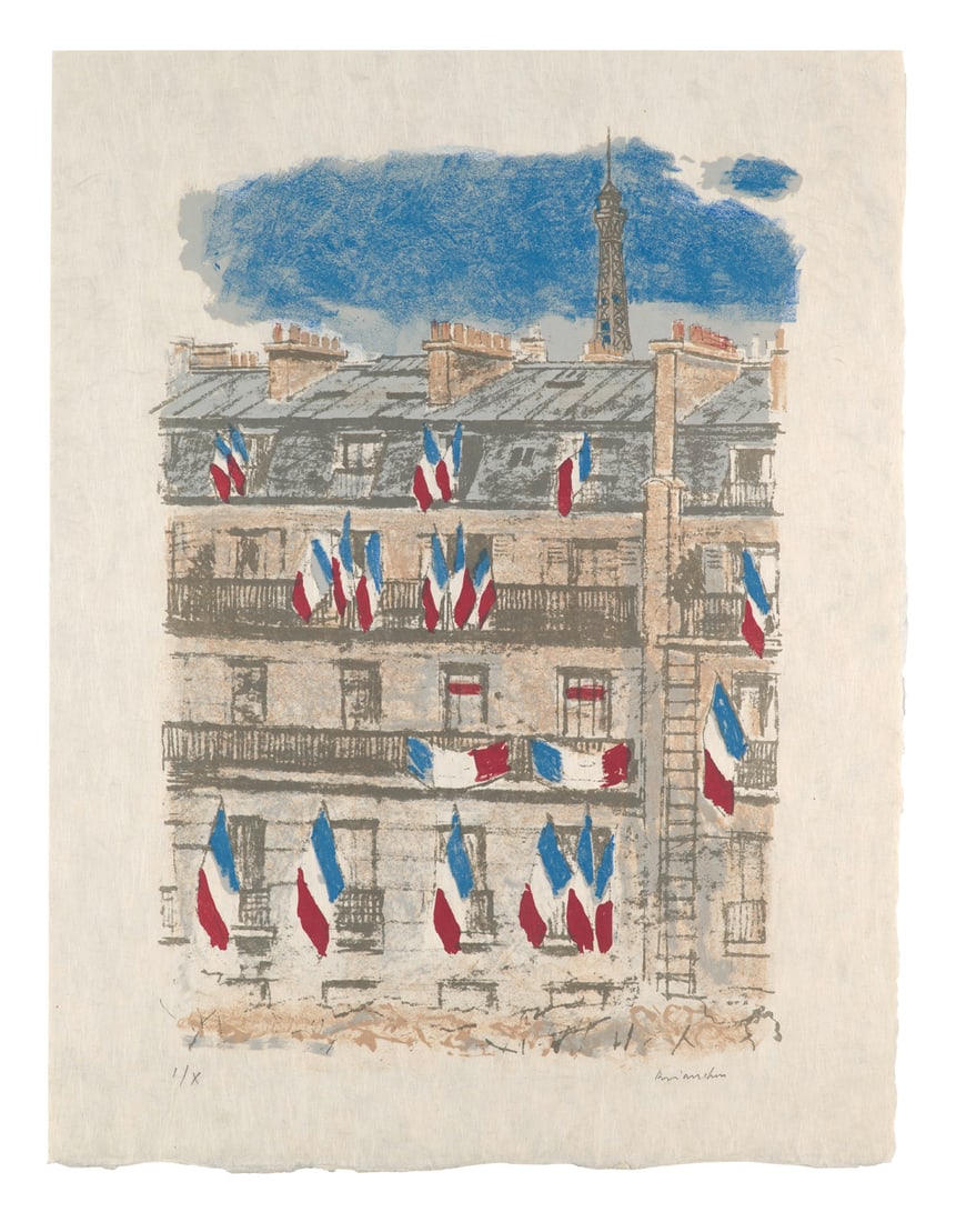 Maurice Brianchon Le Tricolor. 1962-63. Farblithographie auf Japan. 36,3 x 23,8 cm (43 x 33 cm).: Klassische ModerneMaurice BrianchonLe Tricolor. 1962-63. Farblithographie auf Japan. 36,3 x 23,8 cm (43 x 33 cm). Signiert und römisch nummeriert. - Insgesamt sehr gut. Ausgezeichneter, kreidiger