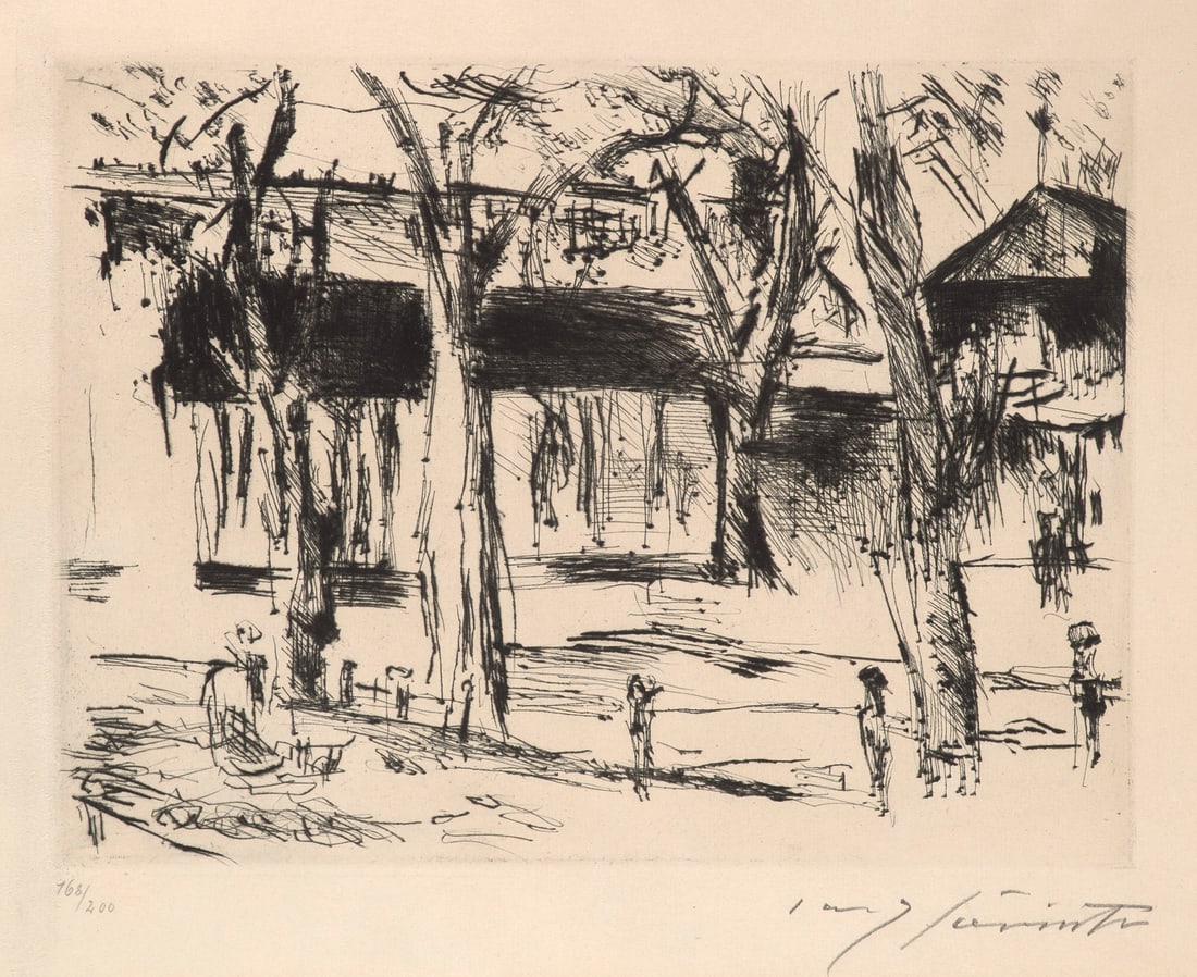 Lovis Corinth Bahnhof Tiergarten. 1920-21. Kaltnadel auf Bütten. 22,5 x 30,3 cm (33,2 x 39,5: Klassische ModerneLovis CorinthBahnhof Tiergarten. 1920-21. Kaltnadel auf Bütten. 22,5 x 30,3 cm (33,2 x 39,5 cm). Signiert und nummeriert. Punktuell unter Passepartout montiert. - In Passepartou