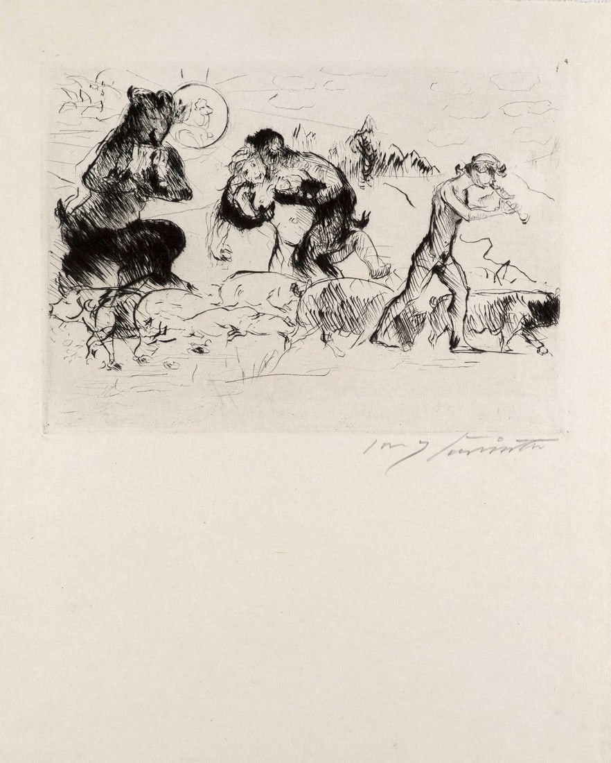 Lovis Corinth Faun, Nymphe und Schweinehirt (Dafnis). 1923. Kaltnadel auf Similijapan. 20,2 x 27,8: Klassische ModerneLovis CorinthFaun, Nymphe und Schweinehirt (Dafnis). 1923. Kaltnadel auf Similijapan. 20,2 x 27,8 cm (41,5 x 33,7 cm). Signiert. - Am linken Rand ganz punktuell ganz leicht unfrisch,