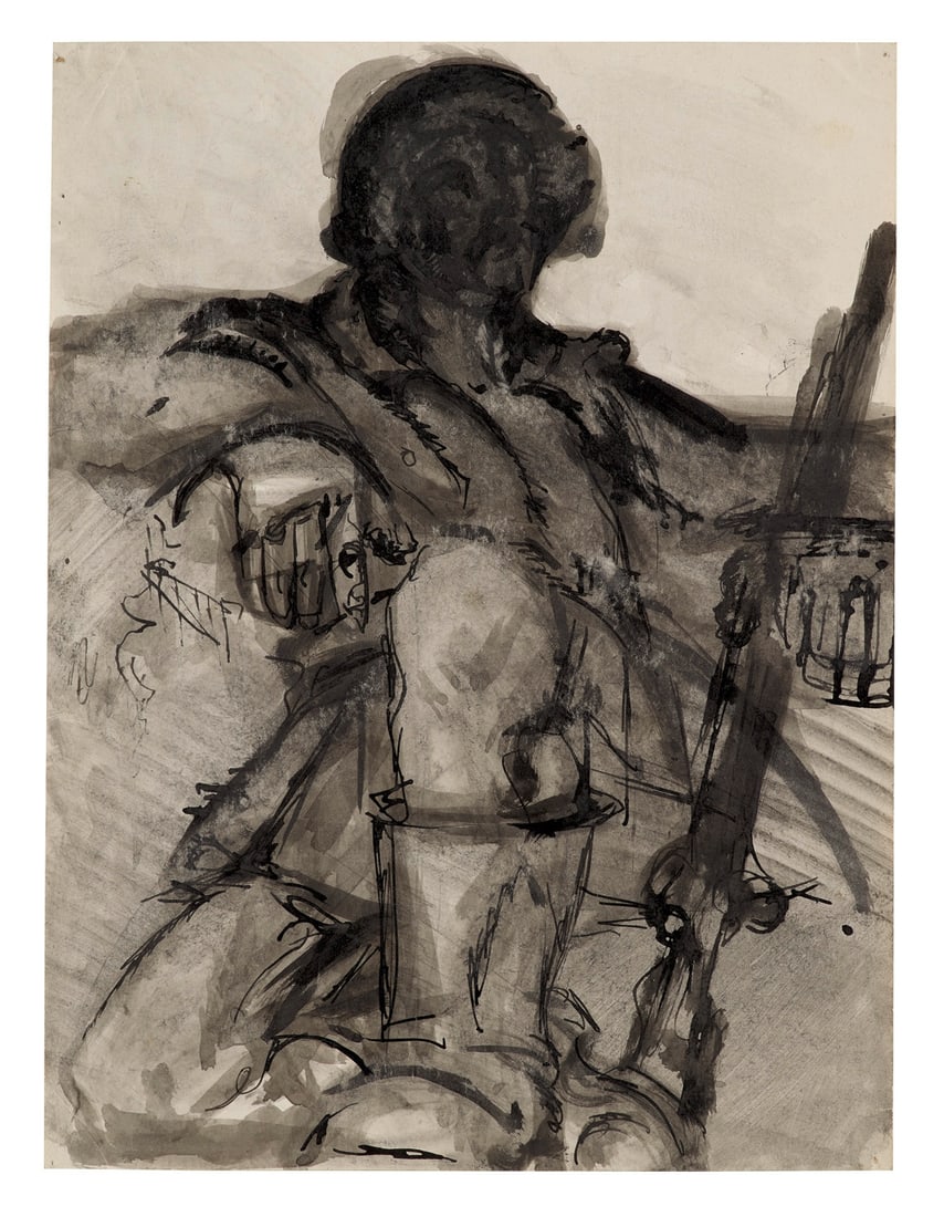 Andreas Gering Sitzender Soldat mit Gewehr. Um 1916. Pinsel in Schwarz auf Velin, laviert. 31,8 x 24 (1 of 1)