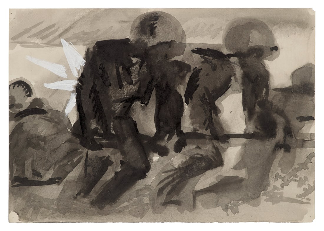 Andreas Gering Soldaten. Um 1916. Pinsel in Schwarz und Weiß auf Velin, laviert. 25,3 x 36,1: Klassische ModerneAndreas GeringSoldaten. Um 1916. Pinsel in Schwarz und Weiß auf Velin, laviert. 25,3 x 36,1 cm. Verso mit Nachlassstempel. Punktuell auf Unterlage montiert und im Passepartout f