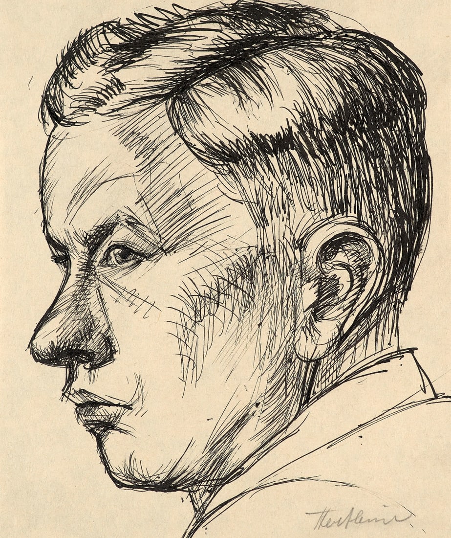 Willi Hertlein 2 Arbeiten. Männliche Portraits. Um 1930. Je Pinsel in Schwarz auf Japan.: Klassische ModerneWilli Hertlein2 Arbeiten. Männliche Portraits. Um 1930. Je Pinsel in Schwarz auf Japan. Blattmaß bis 23,1 x 19,5 cm. Ein Blatt signiert. Je auf Unterlage montiert. - Insges