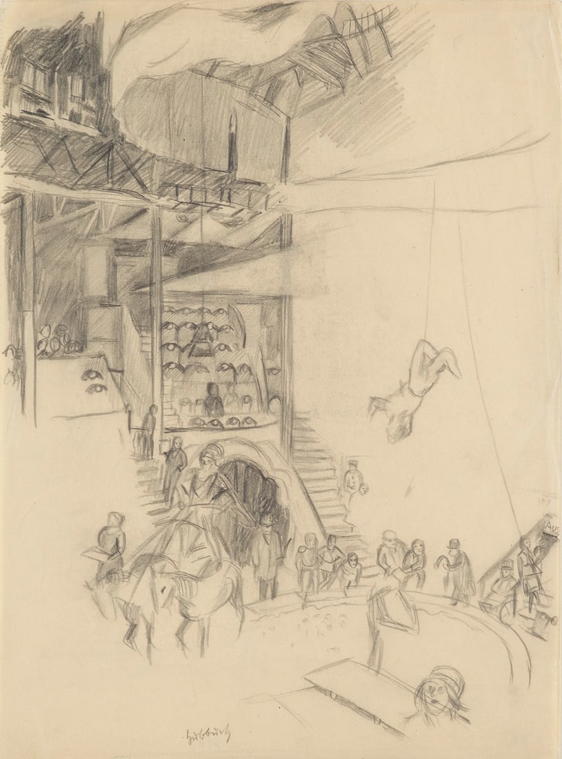 Karl Hubbuch Artisten in Zirkusmanege. 1930er Jahre. Bleistift auf leichtem Velin. 32 x 23,8 cm.: Klassische ModerneKarl HubbuchArtisten in Zirkusmanege. 1930er Jahre. Bleistift auf leichtem Velin. 32 x 23,8 cm. Signiert. Punktuell auf Unterlage montiert und im Passepartout freigestellt. - Papier 