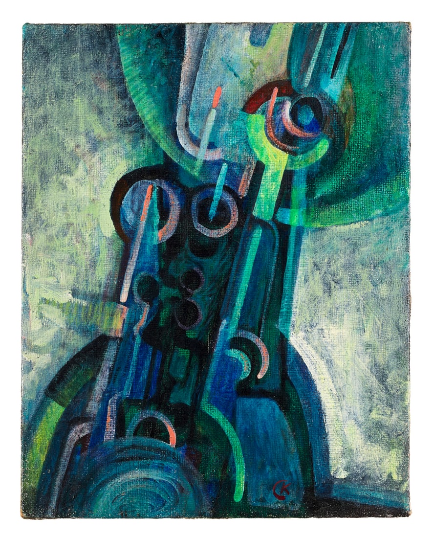 Karl-Heinz Krug Komposition in Blau-Grün. 1950er Jahre. Öl auf Leinwand. 56 x 44 cm.: Klassische ModerneKarl-Heinz KrugKomposition in Blau-Grün. 1950er Jahre. Öl auf Leinwand. 56 x 44 cm. Monogrammiert. Auf Rahmen montiert, ungeöffnet. - Dezenter Abrieb. Augenscheinlich 
