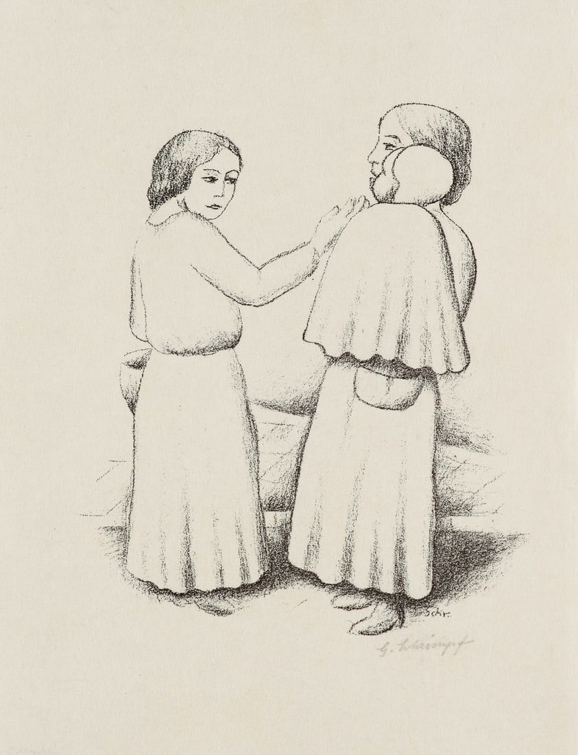 Georg Schrimpf Zwei Frauen mit Kind. 1923. Lithographie auf hauchdünnem Japanbütten. 18,7: Klassische ModerneGeorg SchrimpfZwei Frauen mit Kind. 1923. Lithographie auf hauchdünnem Japanbütten. 18,7 x 16,1 cm (27 x 21 cm). Signiert, zudem im Stein signiert. - Insgesamt sehr gut. Au