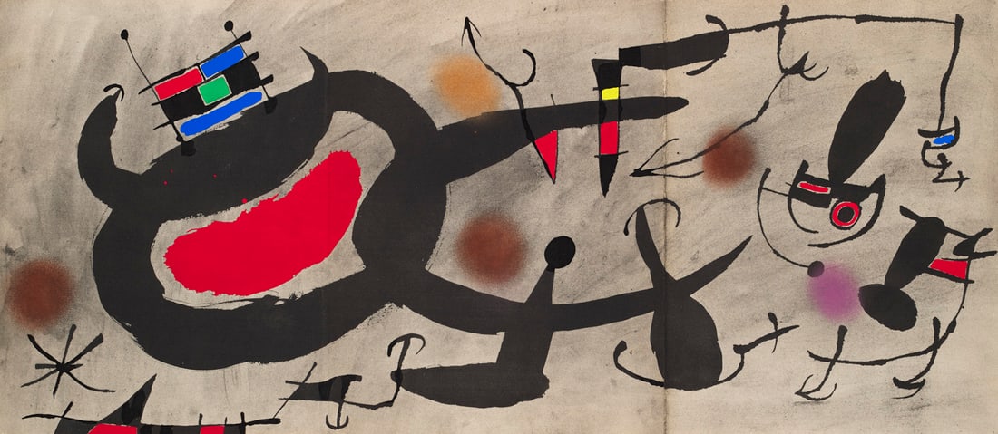 Joan Miró 4 pochoirkolorierte Tafeln (inkl. Umschlag) von Studio D. Jacomet nach Miró,: Klassische Moderne - Avantgardistische AbstraktionJoan Miró4 pochoirkolorierte Tafeln (inkl. Umschlag) von Studio D. Jacomet nach Miró, davon 1 als Triptychon, einer montierten Farbtafel und