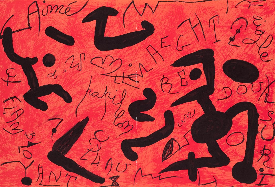 Joan Miró Hommage à Aimé et Marguerite Maeght, 1982. Original-Farblithographie auf: Klassische Moderne - Avantgardistische AbstraktionJoan MiróHommage à Aimé et Marguerite Maeght, 1982. Original-Farblithographie auf Velin de Lana. 37,9 x 55,4 cm. Verso mit typographisc