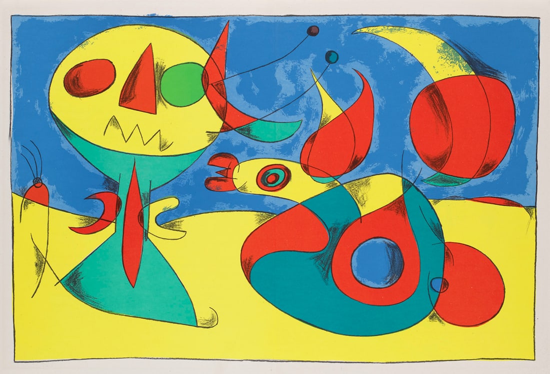 Joan Miró Oiseau Zéphyr. 1956. Farblithographie auf festem Velin. 35 x 53 cm (38,2 x 56: Klassische Moderne - Avantgardistische AbstraktionJoan MiróOiseau Zéphyr. 1956. Farblithographie auf festem Velin. 35 x 53 cm (38,2 x 56 cm). Mit Mittelfalz, verso mit Text. - Ganz leicht ge