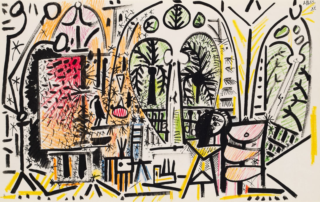 nach Pablo Picasso o.T. Aus: Carnet de la Californie. 1959. Farblithographie auf Velin. 26,4 x 42: Klassische Moderne - Avantgardistische Abstraktionnach Pablo Picassoo.T. Aus: Carnet de la Californie. 1959. Farblithographie auf Velin. 26,4 x 42 cm. Im Stein datiert. Verso im oberen Rand in Punkten