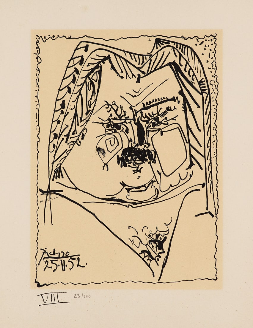Pablo Picasso 3 Arbeiten. Le Festin, Portrait de Balzac I, Portrait de Balzac VIII. 1934/1952. Zwei: Klassische Moderne - Avantgardistische AbstraktionPablo Picasso3 Arbeiten. Le Festin, Portrait de Balzac I, Portrait de Balzac VIII. 1934/1952. Zwei Lithographien auf Arches-Velin. Eine Radierung auf 