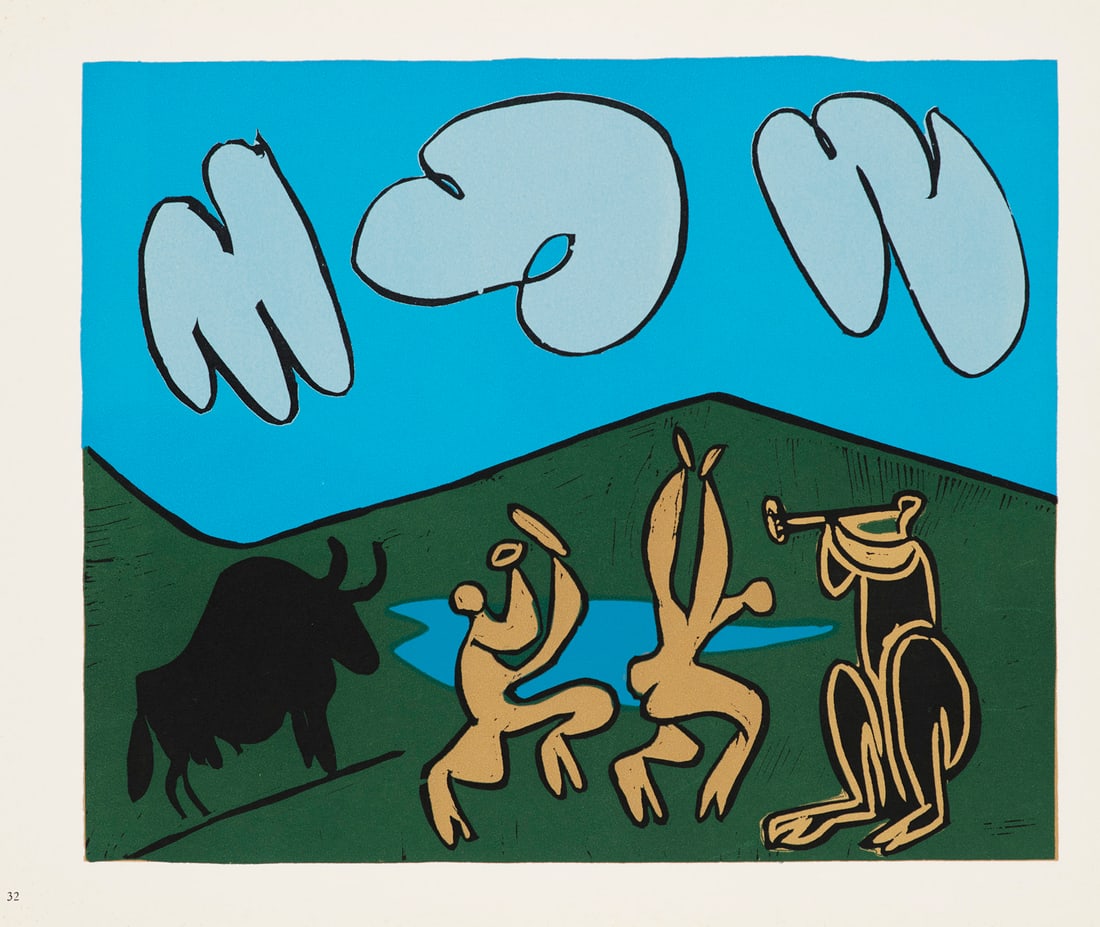 Pablo Picasso Bacchanal mit schwarzem Stier. 1962. Linolschnitt auf festem Velin. 27 x 32,5 cm (32 x: Klassische Moderne - Avantgardistische AbstraktionPablo PicassoBacchanal mit schwarzem Stier. 1962. Linolschnitt auf festem Velin. 27 x 32,5 cm (32 x 38,4 cm). - Linker Rand mit schmaler, vertikaler A