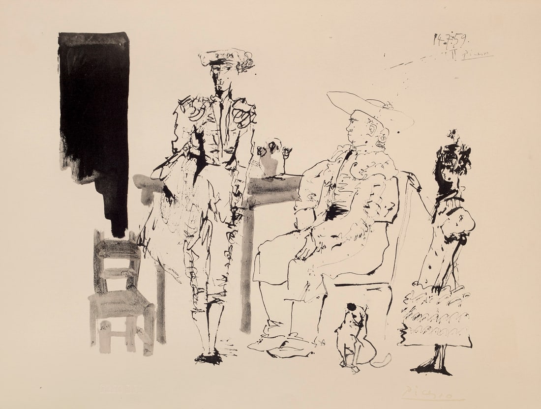 Pablo Picasso Deux picadors et femme. 1961. Lithografie auf festem Velin. 48 x 63 cm. Im Stein: Klassische Moderne - Avantgardistische AbstraktionPablo PicassoDeux picadors et femme. 1961. Lithografie auf festem Velin. 48 x 63 cm. Im Stein signiert und datiert. Verso mit typographischer Bezeichn
