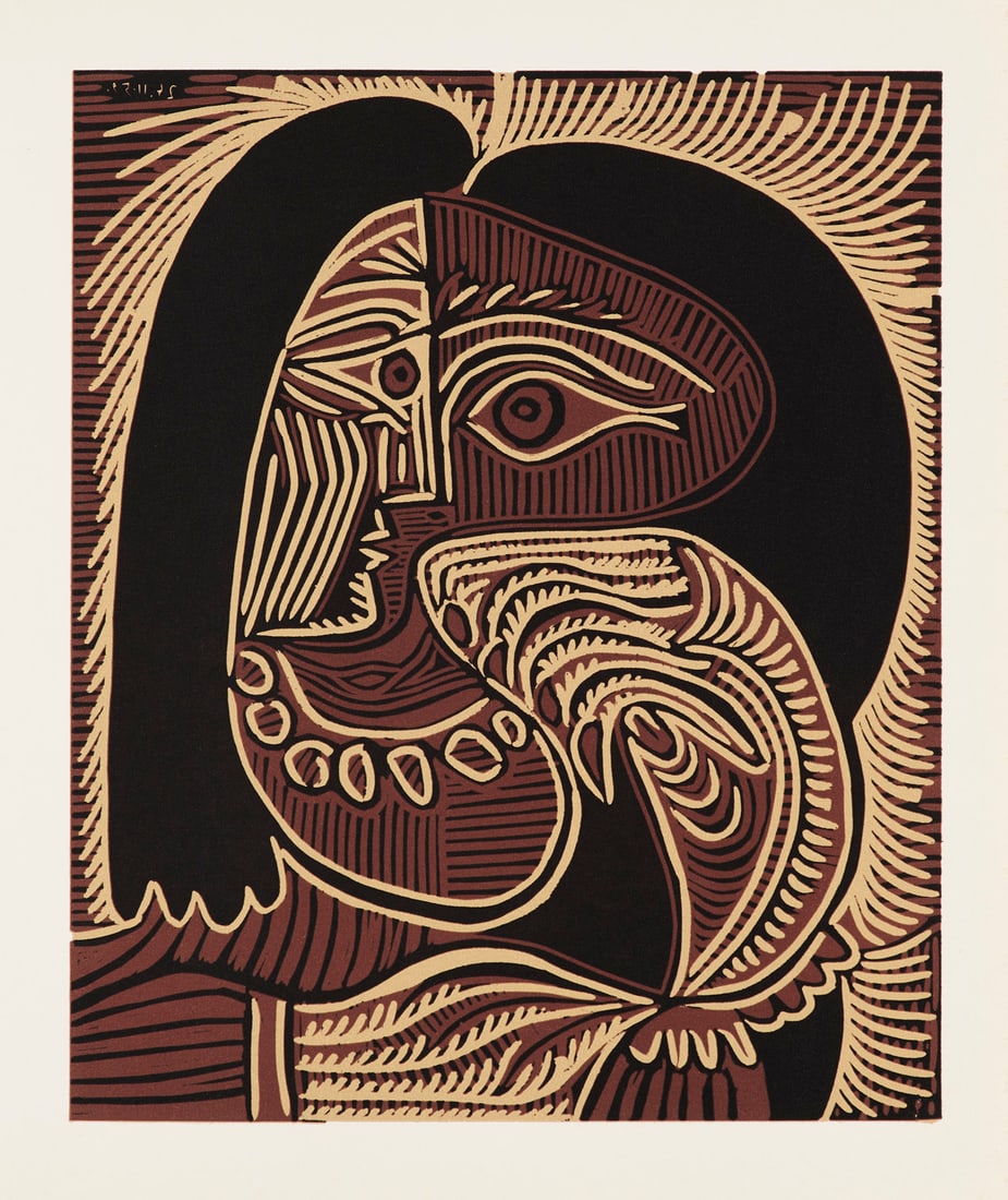 Pablo Picasso Femme au Collier. 1962. Linolschnitt auf festem Velin. 27 x 22,5 cm (32 x 38,3 cm). -: Klassische Moderne - Avantgardistische AbstraktionPablo PicassoFemme au Collier. 1962. Linolschnitt auf festem Velin. 27 x 22,5 cm (32 x 38,3 cm). - Linker Rand mit schmaler, vertikaler Abrisskante un