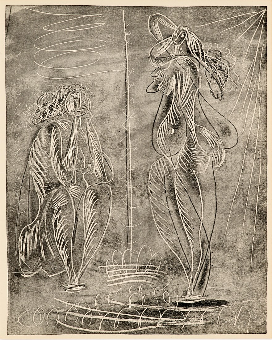 Pablo Picasso o.T. (Visages). Aus: La Chèvre-Feuille. 1943. Zinkographie auf Velin. In Punkten: Klassische Moderne - Avantgardistische AbstraktionPablo Picassoo.T. (Visages). Aus: La Chèvre-Feuille. 1943. Zinkographie auf Velin. In Punkten freistehend in Passepartout montiert. 28 x 21,4 cm 