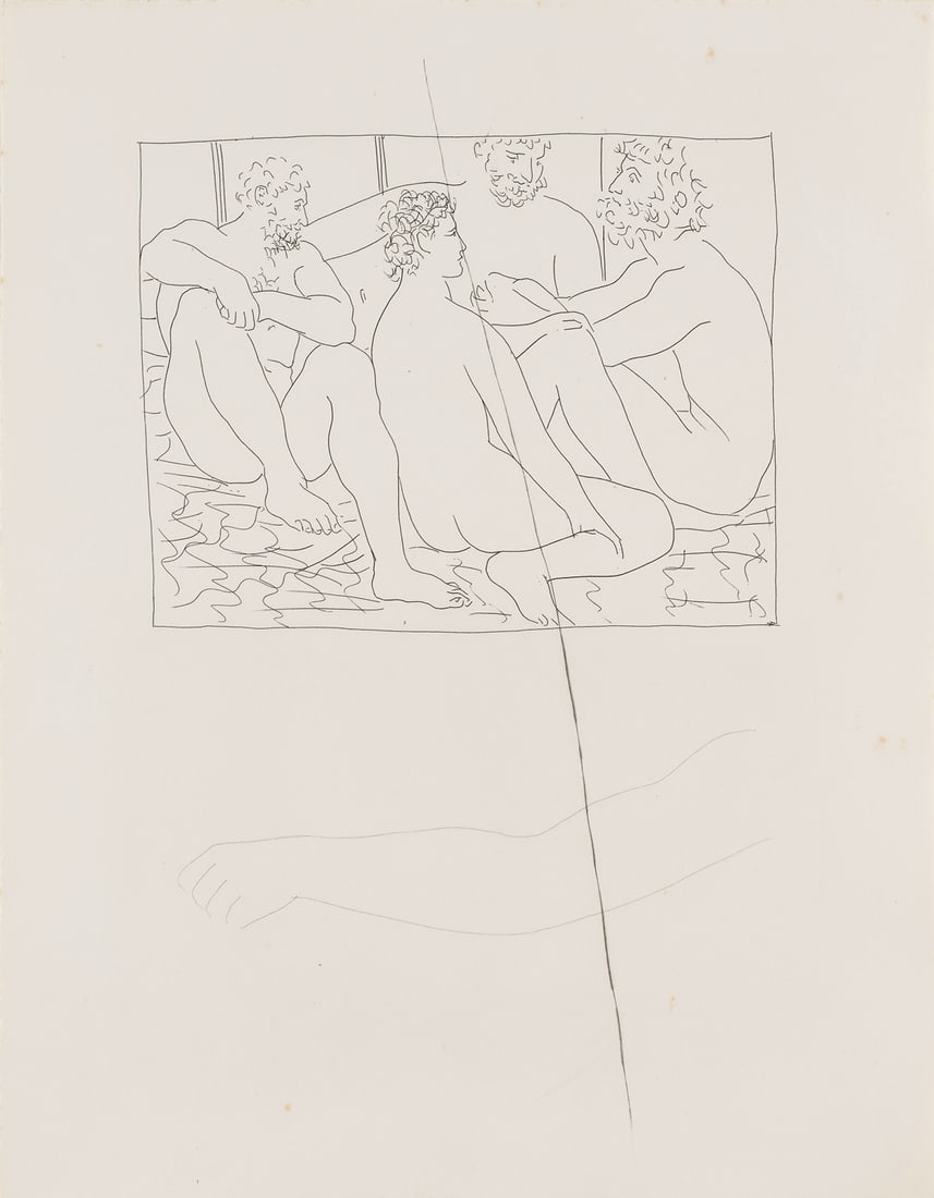 Pablo Picasso Quatre Hommes nus assis. 1931. Radierung auf Rives-Velin (mit Wz.). 32 x 25 cm (54,5 x: Klassische Moderne - Avantgardistische AbstraktionPablo PicassoQuatre Hommes nus assis. 1931. Radierung auf Rives-Velin (mit Wz.). 32 x 25 cm (54,5 x 46,5 cm). Im Passepartout freigestellt. Mit Remarq