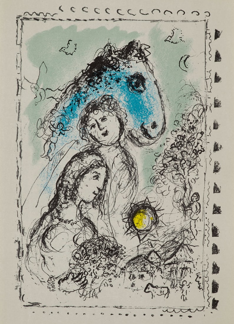 Marc Chagall Cheval bleu au couple, 1982. Original-Farblithographie auf Velin de Lana. 35,7 x 25,5: Klassische Moderne - Avantgardistische BildpoesieMarc ChagallCheval bleu au couple, 1982. Original-Farblithographie auf Velin de Lana. 35,7 x 25,5 cm (37,7 x 27,4 cm). Verso mit typographischem Text. 
