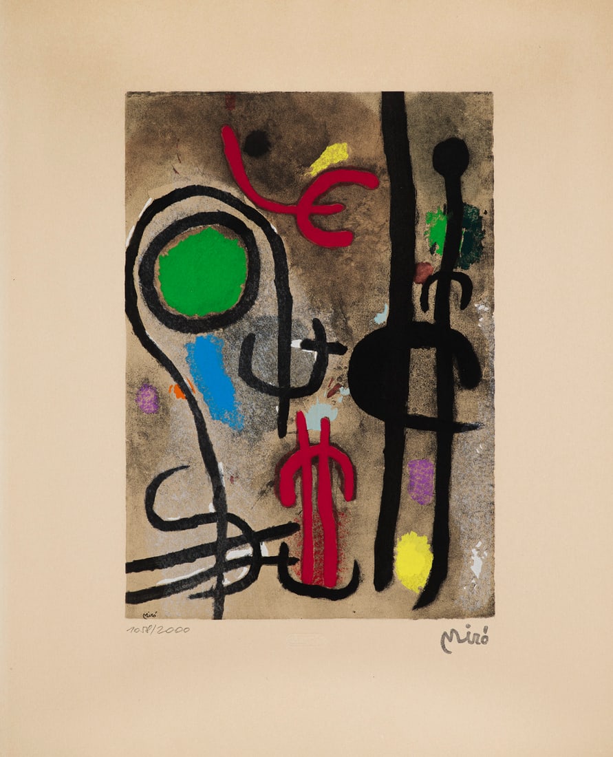 Joan Miró Femme Oiseau dans la Nuit. Aus: Miró Cartones. 1965. Lithograpie und Pochoir auf: Klassische Moderne - Avntgardistische AbstraktionJoan MiróFemme Oiseau dans la Nuit. Aus: Miró Cartones. 1965. Lithograpie und Pochoir auf Velin. 32,5 x 22,8 cm (48 x 39 cm). Mit Stempelsign