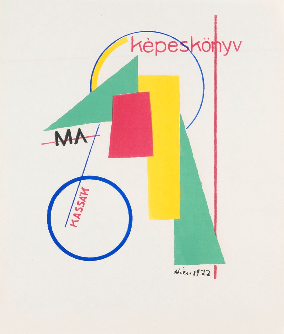 Lajos Kassák o.T (Geometrische Komposition). 1922. Farbserigraphie auf Velin. 23 x 18 cm (29,3: Klassische Moderne - BauhausLajos Kassáko.T (Geometrische Komposition). 1922. Farbserigraphie auf Velin. 23 x 18 cm (29,3 x 25 cm). Im Stein signiert und datiert. - Papier kaum merklich gegilbt. 