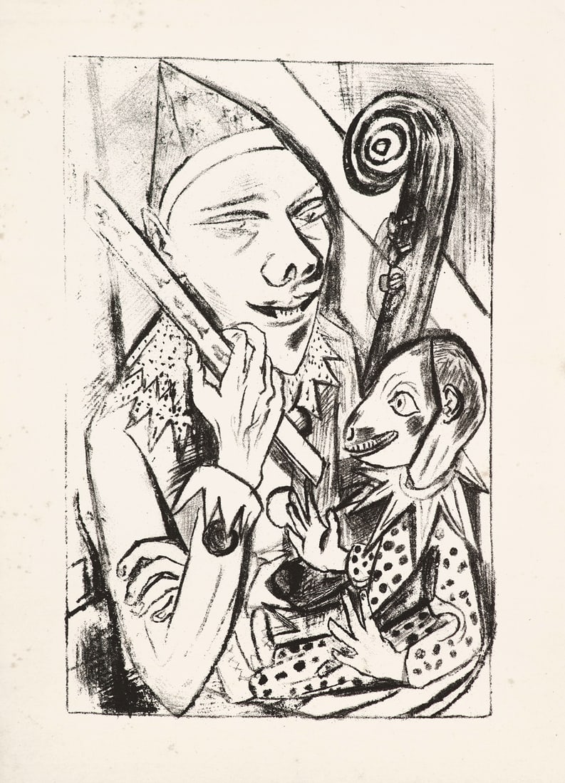 Max Beckmann Pierrot und Maske. 1920. Lithographie auf Velin. 31 x 20,3 cm (37,8 x 27,4 cm). -: Klassische Moderne - ExpressionismusMax BeckmannPierrot und Maske. 1920. Lithographie auf Velin. 31 x 20,3 cm (37,8 x 27,4 cm). - Vereinzelte Braunflecken in den Rändern, auch verso, am linken Ra