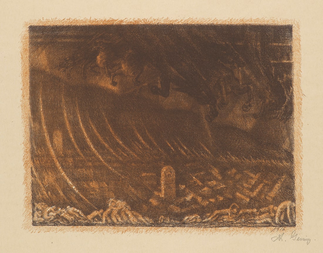Andreas Gering Krieg. 1916. Farblithographie auf schmwerem Simili Japan. 21,5 x 27,5 cm (40 x 50: Klassische Moderne - ExpressionismusAndreas GeringKrieg. 1916. Farblithographie auf schmwerem Simili Japan. 21,5 x 27,5 cm (40 x 50 cm). Signiert, im Stein datiert. - Papierbedingt sehr zart und gleic