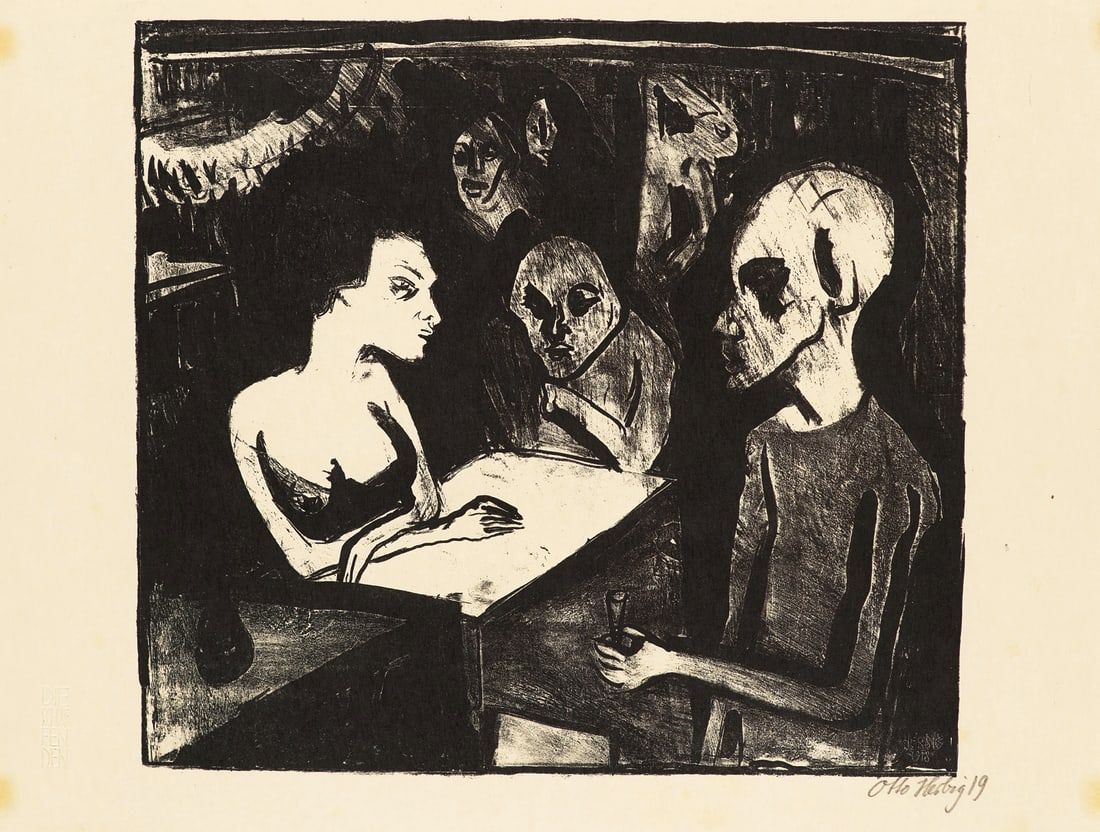 Otto Herbig Matrosenschenke. 1919. Lithographie auf Similjapan. 27,6 x 30 cm (31 x 40,7 cm).: Klassische Moderne - ExpressionismusOtto HerbigMatrosenschenke. 1919. Lithographie auf Similjapan. 27,6 x 30 cm (31 x 40,7 cm). Signiert, datiert sowie im Stein signiert und datiert. Mit Trockenstempe