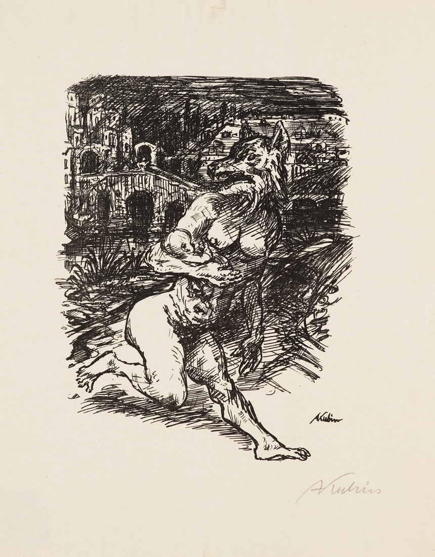 Alfred Kubin Der Werwolf. 1921. Federlithographie auf Similijapan. 24,1 x 19 cm (36 x 28,5 cm).: Klassische Moderne - SymbolismusAlfred KubinDer Werwolf. 1921. Federlithographie auf Similijapan. 24,1 x 19 cm (36 x 28,5 cm). Signiert. Verso unten rechts mit kleiner Zeichnung. - Blatt oben mittig l