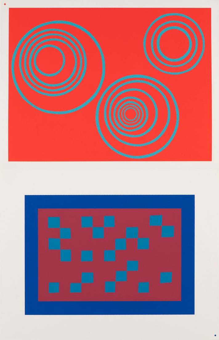 Josef Albers 2 Farbserigraphien. Aus: Interaction of Color (Die Wechselbeziehungen der Farbe). 1973.: Konkrete KunstJosef Albers2 Farbserigraphien. Aus: Interaction of Color (Die Wechselbeziehungen der Farbe). 1973. Zusammen auf 1 Doppelblatt Velinkarton. Blattmaße je 33 x 20,5 cm. 1 Arbeit verso