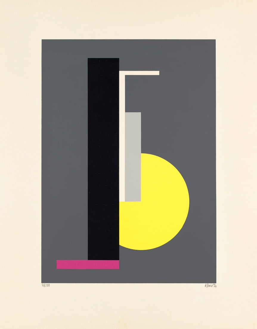 Walter Dexel Schwarzer Balken und gelbe Scheibe. 1969. Farbserigraphie auf leichtem Velinkarton.: Konkrete KunstWalter DexelSchwarzer Balken und gelbe Scheibe. 1969. Farbserigraphie auf leichtem Velinkarton. 45,5 cx 32,6 cm (68 x 52,7 cm). Signiert, datiert und nummeriert. - Im Passepartout-Aussch
