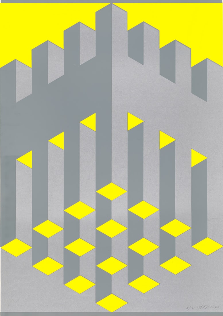 Otto Herbert Hajek o.T. (Geometrisch aufsteigend). 1968. Farbserigraphie auf leichtem Velinkarton.: Konkrete KunstOtto Herbert Hajeko.T. (Geometrisch aufsteigend). 1968. Farbserigraphie auf leichtem Velinkarton. 85,5 x 60,3 cm (85,7 x 61 cm). Signiert, datiert und nummeriert. - Wenige leichte Griffs