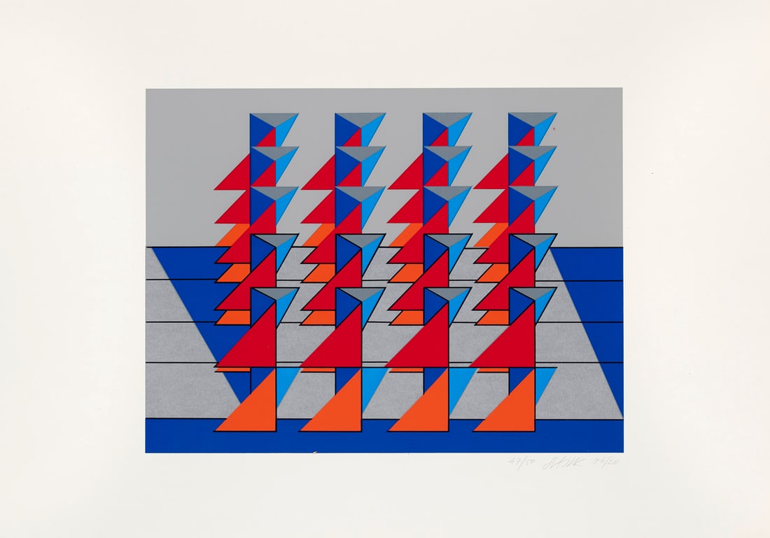 Otto Herbert Hajek o.T. (Geometrische Verschachtelung). 1976. Farbserigraphie auf leichtem: Konkrete KunstOtto Herbert Hajeko.T. (Geometrische Verschachtelung). 1976. Farbserigraphie auf leichtem Velinkarton.29,8 x 39 cm (44,8 x 63,8 cm). Signiert, datiert, bezeichnet und nummeriert. - Zwei 
