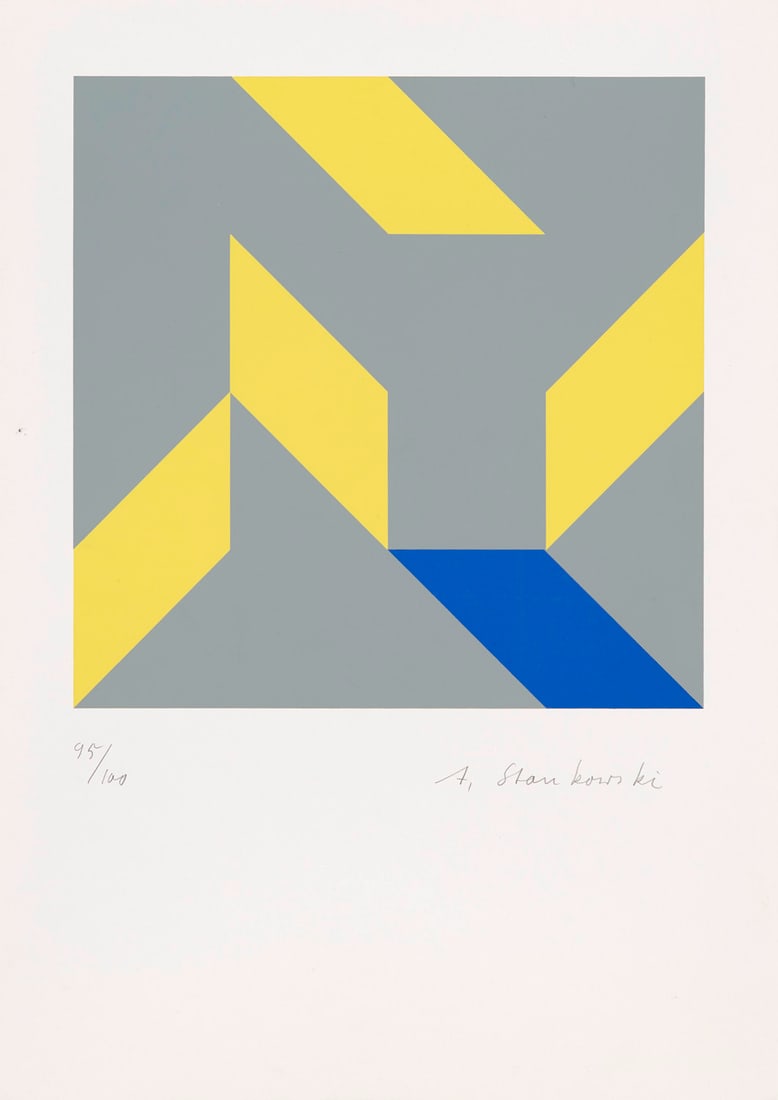 Anton Stankowski o.T. (Konkrete Komposition). Um 1990. Farbserigraphie auf leichtem Velinkarton. 17: Konkrete KunstAnton Stankowskio.T. (Konkrete Komposition). Um 1990. Farbserigraphie auf leichtem Velinkarton. 17 x 17 cm (29,6 x 21 cm). Signiert und nummeriert. - Im linken Rand mit winzigem Fleckche
