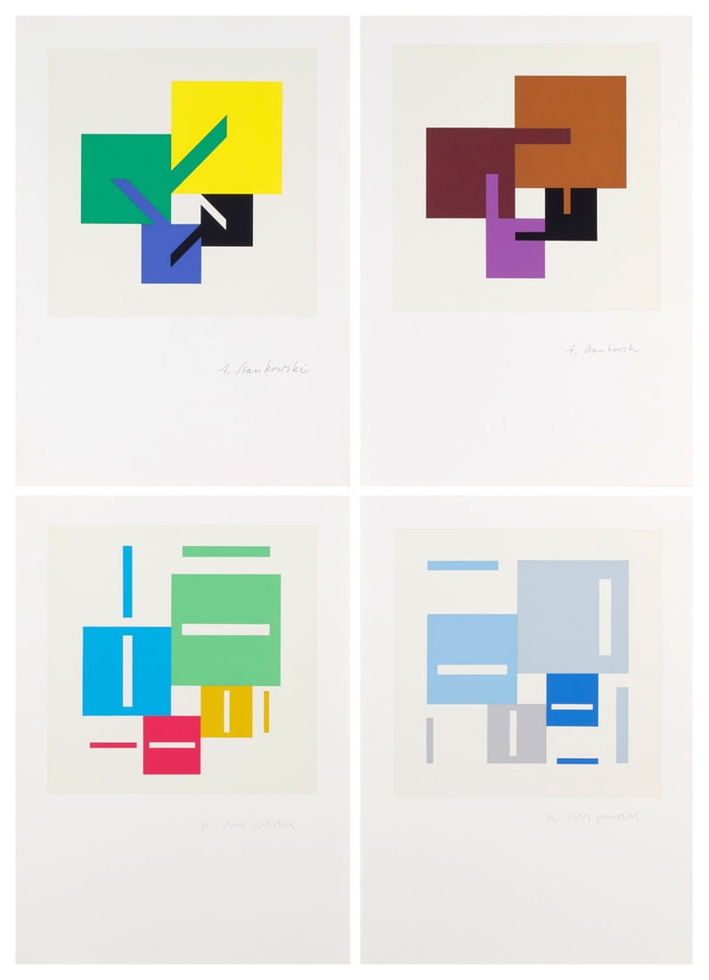 Anton und Karl Duschek Stankowski 4 Arbeiten. Frühjahr, Sommer, Herbst und Winter. 1988. Je: Konkrete KunstAnton und Karl Duschek Stankowski4 Arbeiten. Frühjahr, Sommer, Herbst und Winter. 1988. Je Farbserigraphie auf leichtem, glattem Velin. Blattgröße je 29,7 x 21,1 cm. Je si