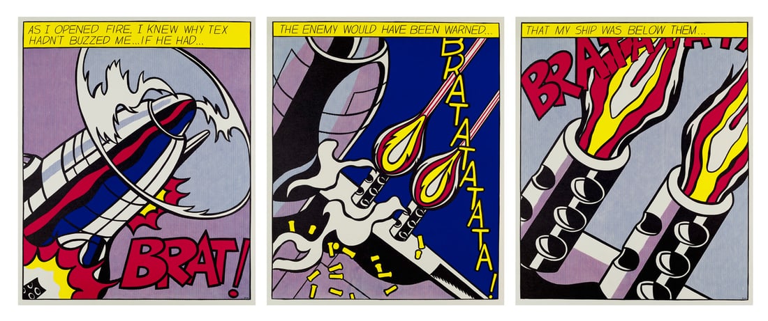 nach Roy Lichtenstein Triptychon, As I Opened Fire. 1966. 3 Farboffsetlithographien. Je auf: Pop Artnach Roy LichtensteinTriptychon, As I Opened Fire. 1966. 3 Farboffsetlithographien. Je auf leichtem Velinkarton. Blattmaße je 64 x 53 cm. Verso je mit dem typographischen Editions- und Dru