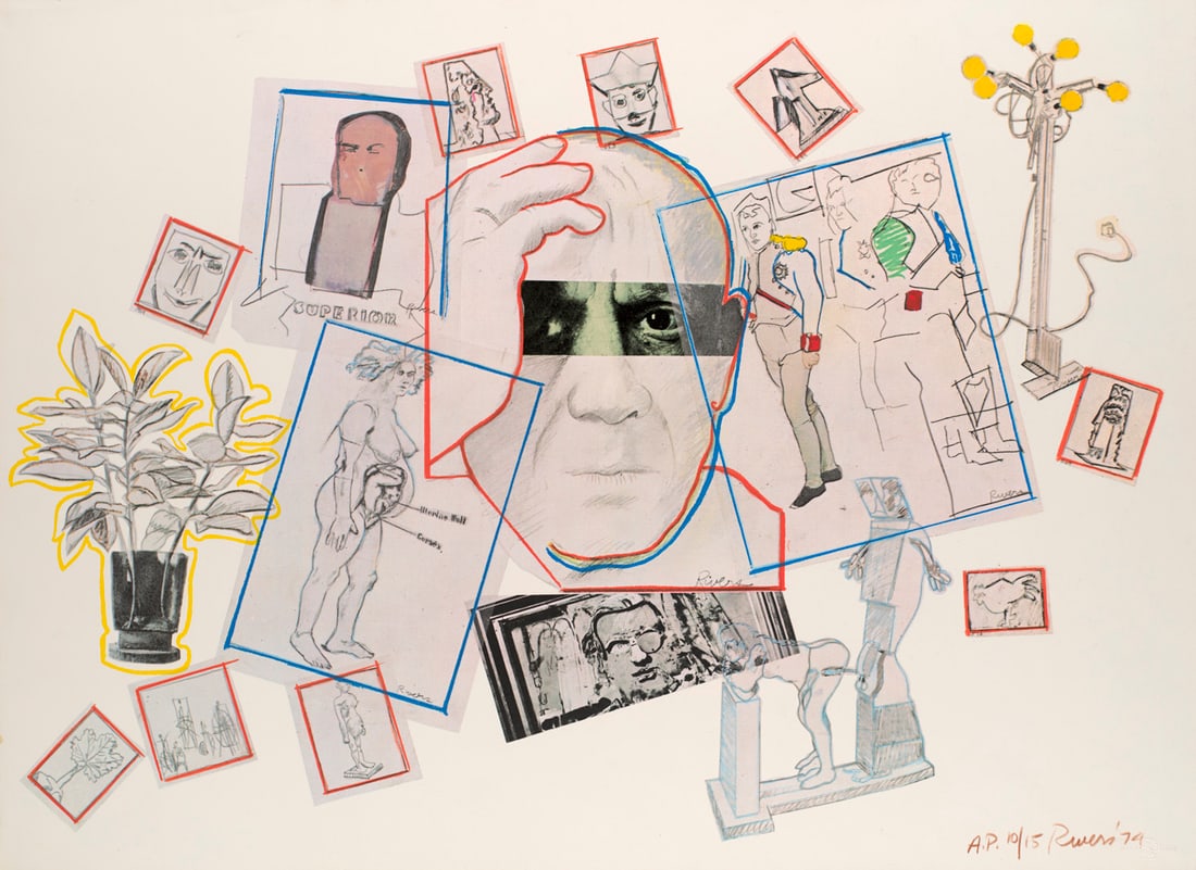 Larry Rivers o.T. (aus: Hommage à Picasso). Farboffsetlithographie auf chamoisfarbenem Vé: Pop ArtLarry Riverso.T. (aus: Hommage à Picasso). Farboffsetlithographie auf chamoisfarbenem Vélin. 56 x 76,5 cm (56 x 76,5 cm). Signiert, datiert und bezeichnet "A.P. 10/15". - Wenige, mini