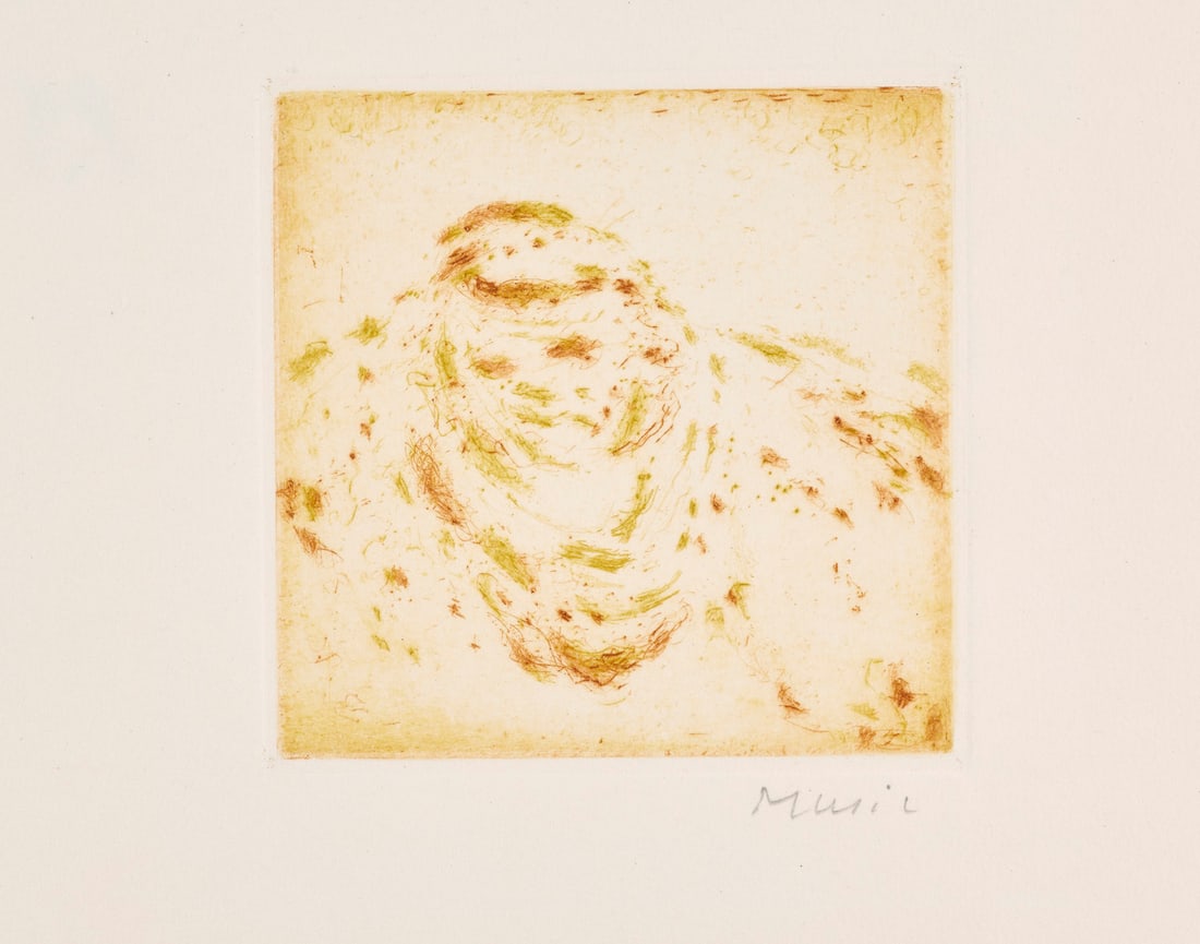 Antonio Zoran Music 1 Farbaquatintaradierung. 1965. Aus: Ma nébuleuse danse. Auf Doppelblatt: Slowenische ModerneAntonio Zoran Music1 Farbaquatintaradierung. 1965. Aus: Ma nébuleuse danse. Auf Doppelblatt BFK Rives Velin (mit Wz.). Signiert. Verso mit typogr. Bezeichnung.Schmücking 1