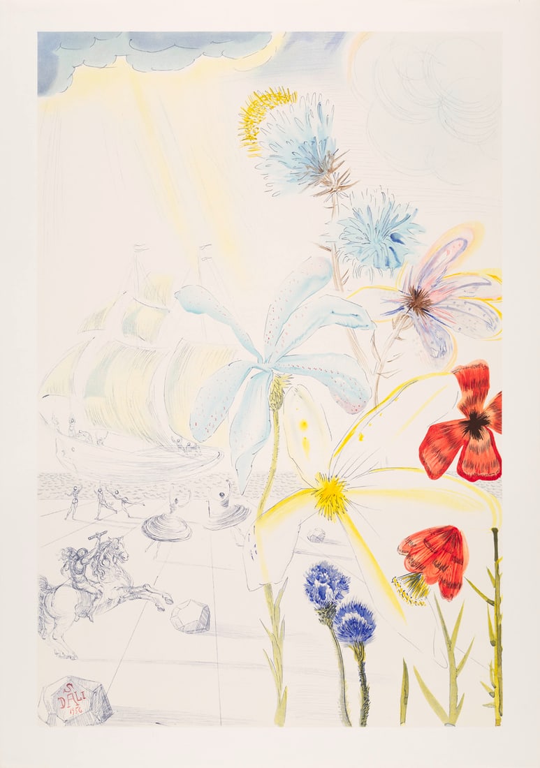 - nach, Salvador Dal Ship and flowers. 1986. Farblithographie auf Velin. 72 x 48 cm (79,8 x 56 cm).: Surrealismus- nach, Salvador DalShip and flowers. 1986. Farblithographie auf Velin. 72 x 48 cm (79,8 x 56 cm). Verso mit Editionsstempel, hier nummeriert. Verso im oberen Rand in Punkten auf Unterlage
