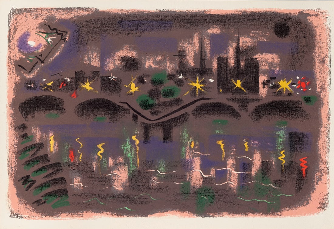 André Masson (La Seine). 1962. Lithographie in Farbe auf Velin d'Arches. 60 x 39,5 cm (43 x: SurrealismusAndré Masson(La Seine). 1962. Lithographie in Farbe auf Velin d'Arches. 60 x 39,5 cm (43 x 62,8 cm). Prachtvoller, satter und den malerischen Wert umsetzender Druck der großforma