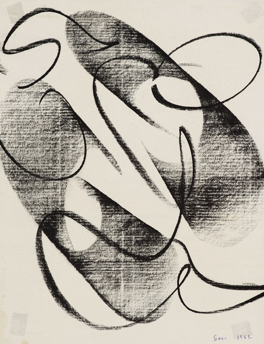 Lászlo Szábo o.T. (abstrakte Komposition). 1962. Pastellkreide auf Velin. 27 x 20,6 cm.: Ungarische ModerneLászlo Száboo.T. (abstrakte Komposition). 1962. Pastellkreide auf Velin. 27 x 20,6 cm. Signiert und datiert. In den Ecken auf schwarzen, leichten Velinkarton montiert. - Di
