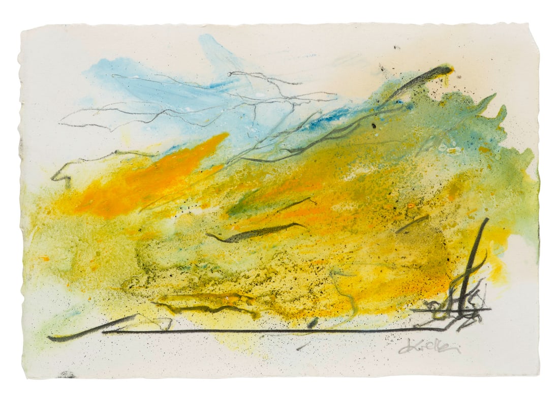Peter Kuckei Ohne Titel (#1084). Um 1990. Aquarell und Mischtechnik auf Velin. 18 x 26 cm. Punktuell: Zeitgenössische KunstPeter KuckeiOhne Titel (#1084). Um 1990. Aquarell und Mischtechnik auf Velin. 18 x 26 cm. Punktuell auf Unterlage montiert, in Passepartout freigestellt und hinter Glas gerah