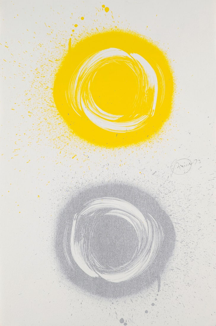 Otto Piene Insel. 1973. Farbserigraphie auf genarbtem Velin. 38,8 x 25,7 cm. Signiert und datiert. -: ZEROOtto PieneInsel. 1973. Farbserigraphie auf genarbtem Velin. 38,8 x 25,7 cm. Signiert und datiert. - Insgesamt sehr gut. Prachtvoller, farbsatter Druck der nahezu formatfüllenden Darstellung, 