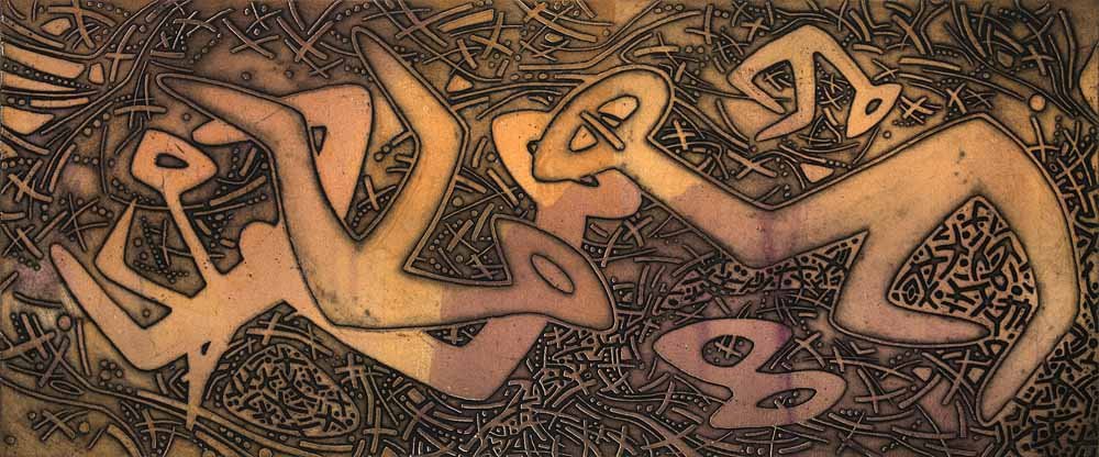 Phillips, Helen Elizabeth Naiades. Um 1950.: Phillips, Helen Elizabeth Naiades. Um 1950. Farbaquatintaradierung mit Prägung auf BFK Rives Büttenpapier. 33,5 x 79 cm (49,5 x 90 cm). Signiert "Helen Phillips", betitelt und nummeriert. - Im Auße