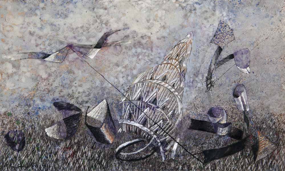 Pozzi, Giancarlo Kompositionen. 1974/1983. 3 Blatt: Pozzi, Giancarlo Kompositionen. 1974/1983. 3 Blatt Mischtechniken auf verschiedenen Papieren. Von 21 x 35 cm bis 49 x 40 cm. Jeweils signiert und datiert. Eine Arbeit verso von fremder Hand in Bleisti