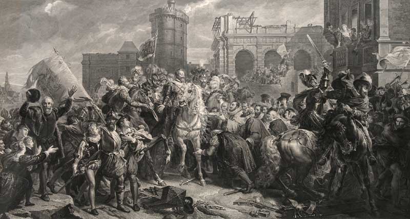 Toschi, Paolo L'Entree de Henri IV. á Paris. Stich nach: L'Entree de Henri IV. á Paris. Stich nach Gérard. Plattenmaß ca. 91,3 x 48,6 cm. 19. Jahrhundert. Dekorativ im Eichenrahmen mit goldenen Schnitzwerk gerahmt. Eindrucksvoller Abdruck mit leuchtenden