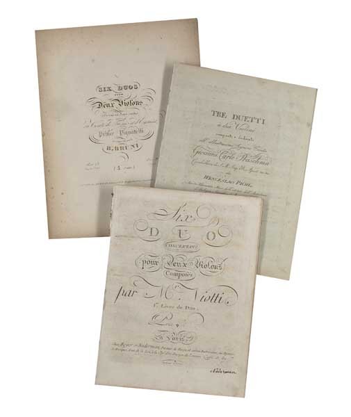 Sammlung von gestochenen Noten für Violine.: Sammlung von gestochenen Noten für Violine. Enthält: Six duos pour Deux Violons.. par B. Bruni. A Paris, chez Richault, um 1790. - Tre Duetti à due Violini composti e dedicati all' illustrissimo Si