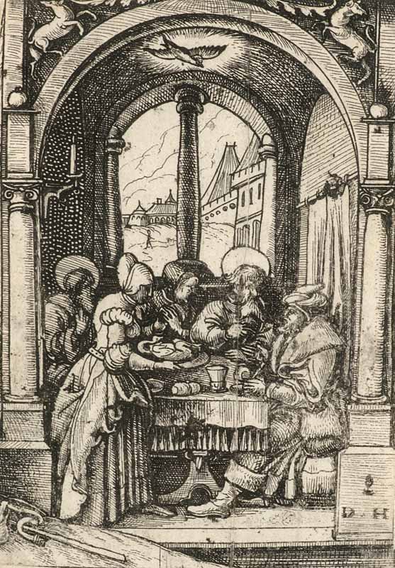 Daniel d. Ä., Hopfer Radierung. Im Stock monogrammiert: Daniel d. Ä., Hopfer Radierung. Im Stock monogrammiert "D.H." mit Augsburger Pyr. 10,8 x 7,5 cm. Hopfer erlangte große Bekanntheit als Erfinder der Ätzradierung. - Knapp beschnitten mit mittiger Kn