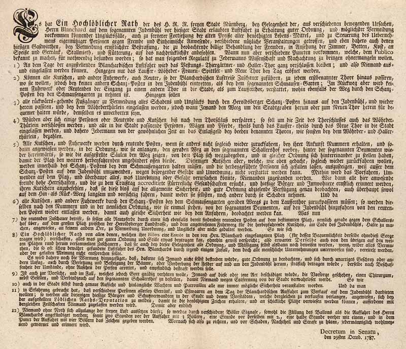Verordnung anlässlich der Ballonfahrt des berühmten: Verordnung anlässlich der Ballonfahrt des berühmten französischen Aeronauten Jean-Pierre Blanchard (1753-1809) über Nürnberg. Nürnberg, 1787. 35 x 49 cm. Single-leaf print - aeronautics. - Decre